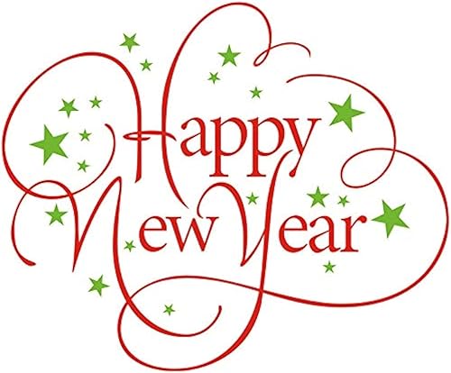 Miniatura 1 de BooDecal Vinilo de letras impresas en rojo con letras de Feliz Año Nuevo con estrellas verdes centelleantes removibles de vinilo para pared para el