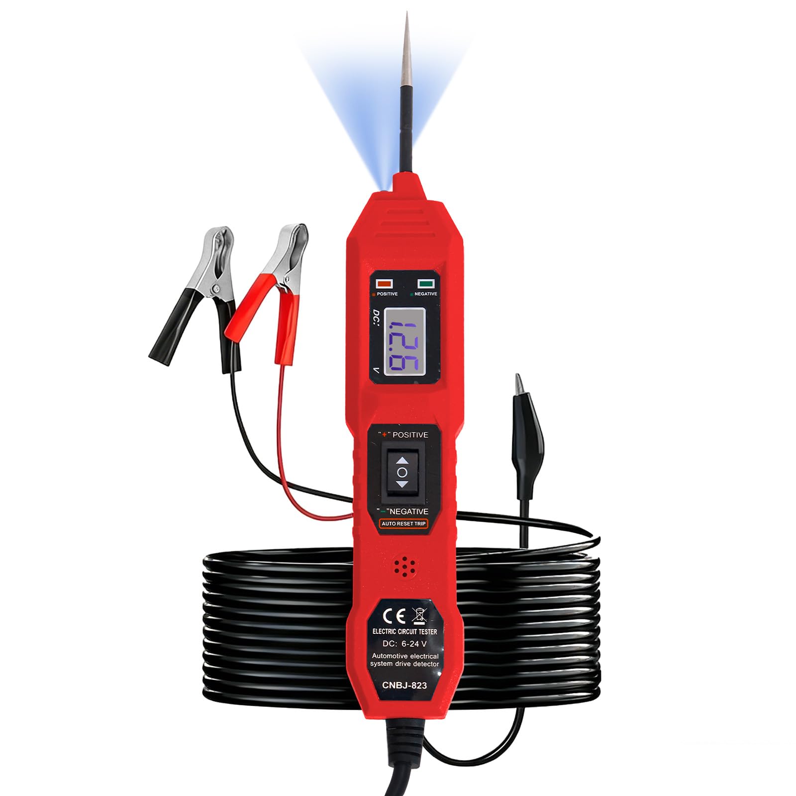 Probador de sonda de circuito de alimentación, fusible eléctrico y voltaje para automóvil de 6 V-24 V CC con luz de prueba LED, lectura LCD HD, protección contra sobrecarga, buscador de