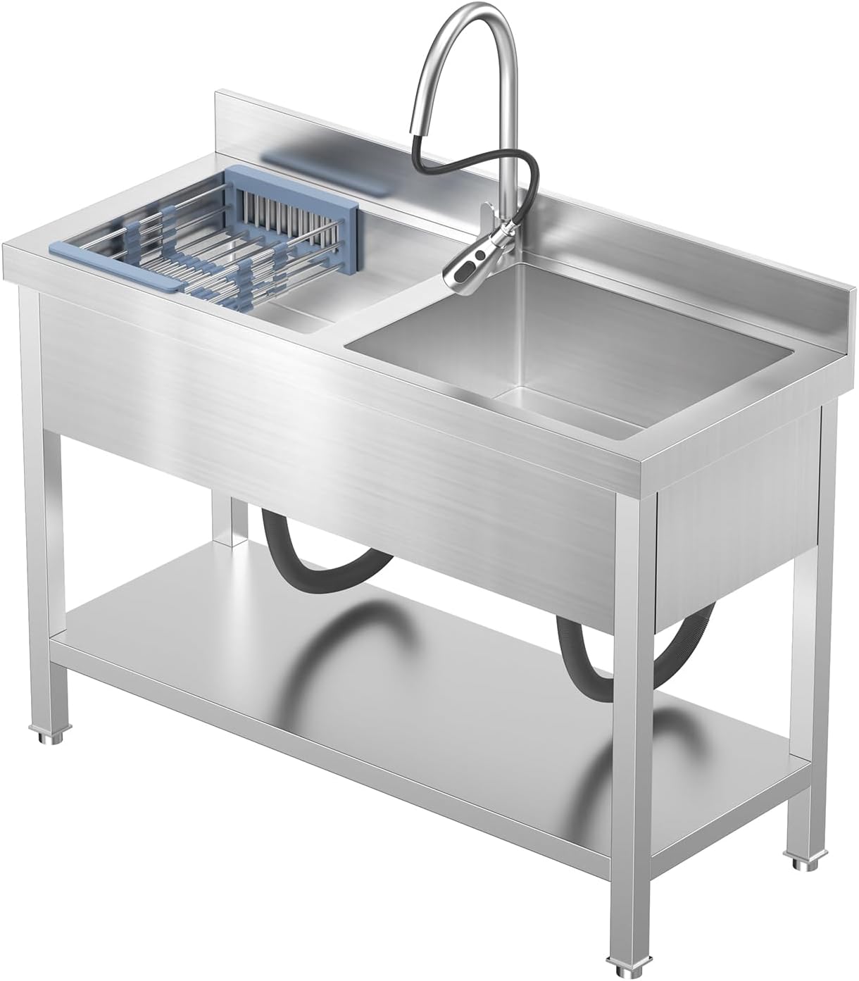 Stainless Steel Utility Double Bowl Sink with Faucet ，Drainboard & Lower Shelf - Heavy Duty Kitchen Prep & Cleaning Station for Restaurant, Garage, Laundry Room.