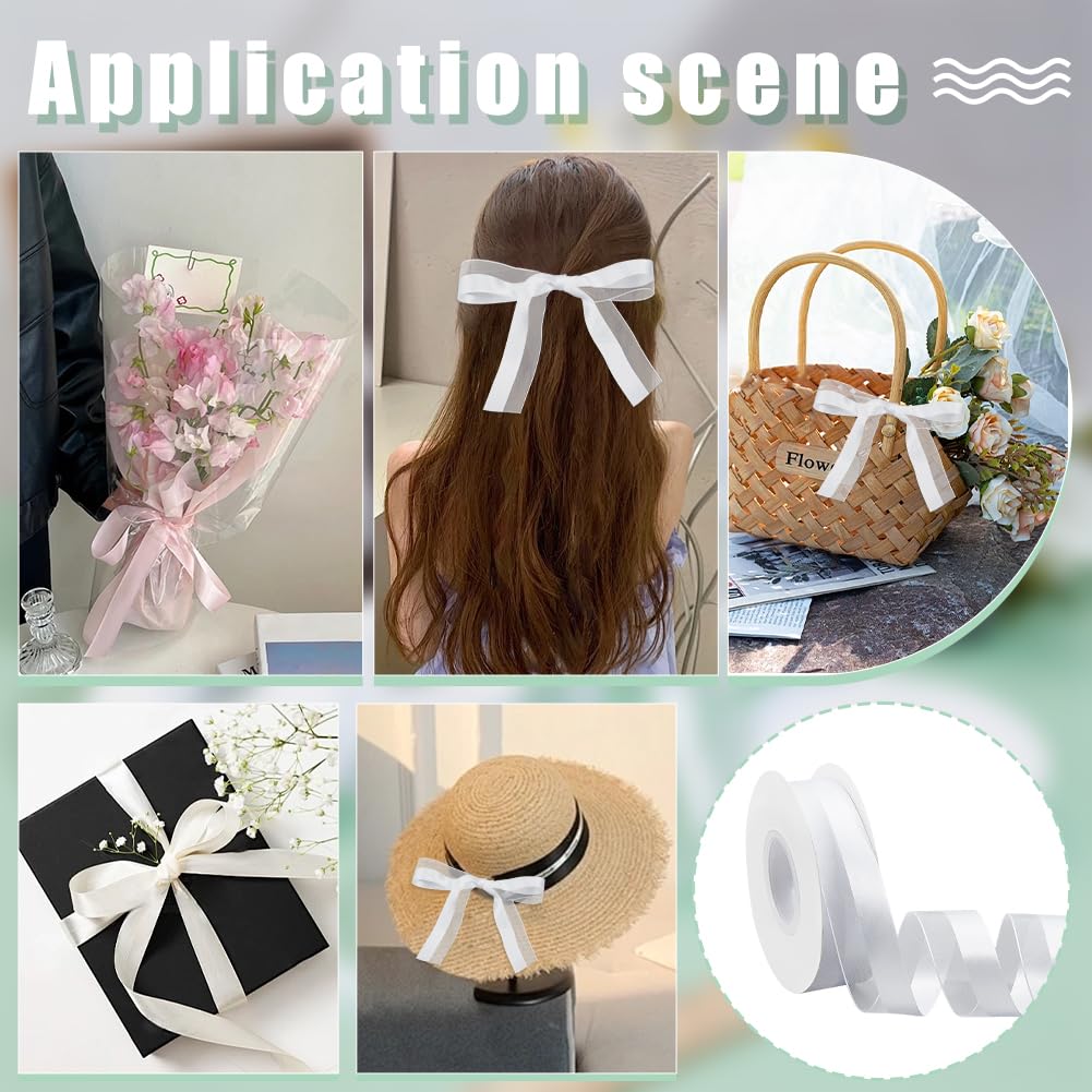 MAYJOYDIY 3 pz 68.6 m Nastro Bianco Mezzo Raso Velato 24mm Bordo Raso Nastro Velato Doppia Trama Bordo Decorativo per Matrimonio Compleanno Festa Bouquet Scatole Regalo Confezionamento