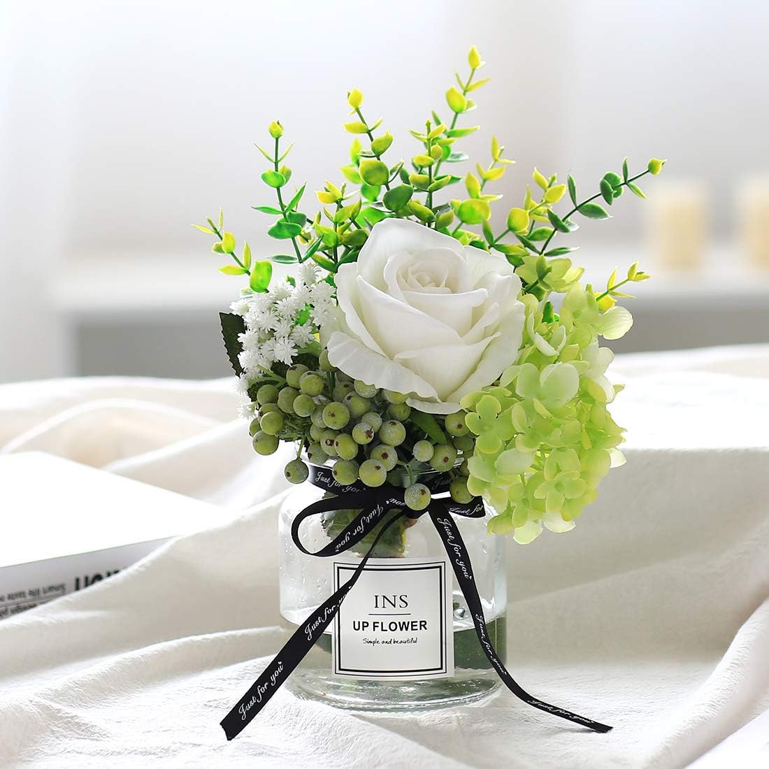 Artificial Flowers in vase,Artificial Plants & Flowers Faux White Rose Bouquet Flower Arrangements, for Office Home Deco for Decor Indoor (Green)