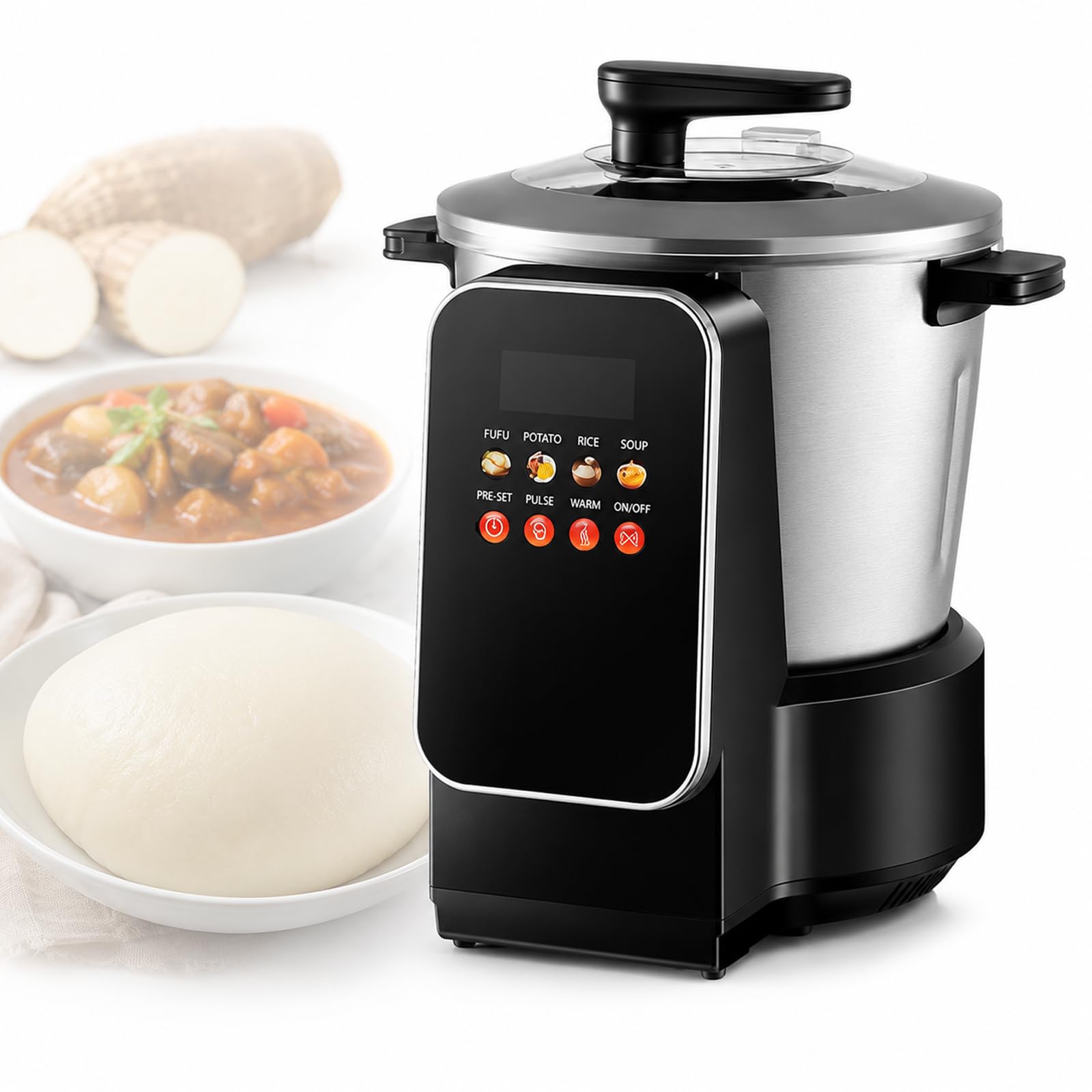 Fabricant de fufu 900W en acier inoxydable avec une capacité de 6L, transformateur alimentaire automatique intelligent pour l'amion, Amala, Banku et Eba, avec des commandes tactiles LED et un pot anti