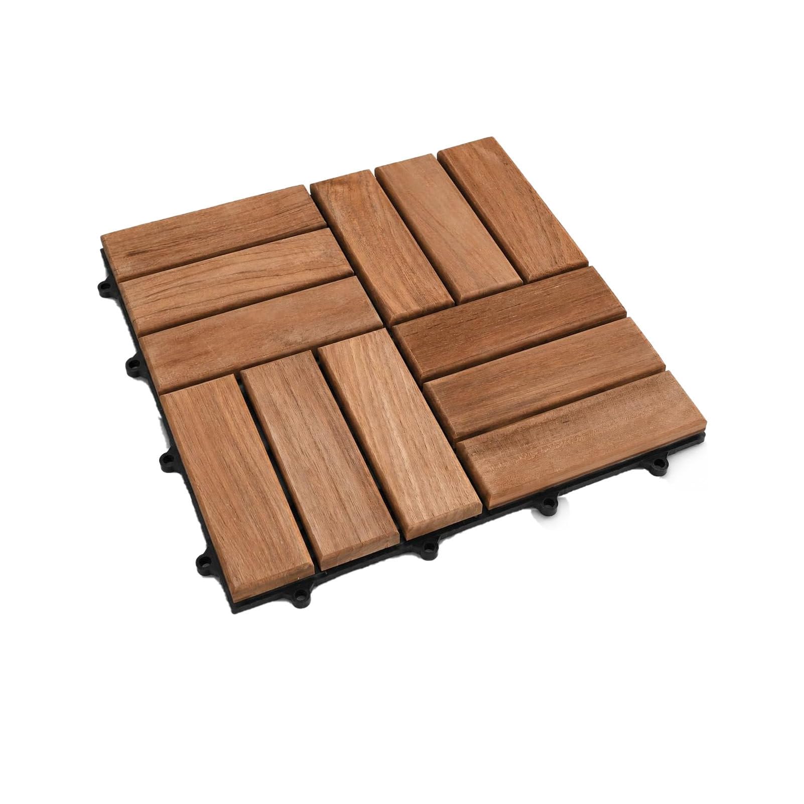 Piastrelle per pavimentazione da esterno in legno 30x30 cm 12-Slat-9pc | Pavimentazione a incastro in legno duro di acacia, montaggio senza attrezzi, piastrelle antiscivolo per balcone e giardino