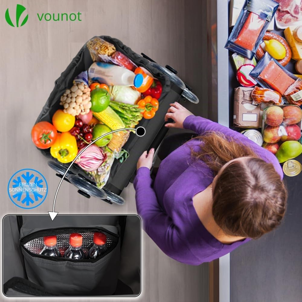 VOUNOT® Aluminium Einkaufstrolley Treppensteiger, 3 in 1 Trolly Einkaufswagen Klappbar, Hackenporsche mit Kühlfach und Haken, 6 Rädern & großer Kapazität, Wasserdicht, Schwarz