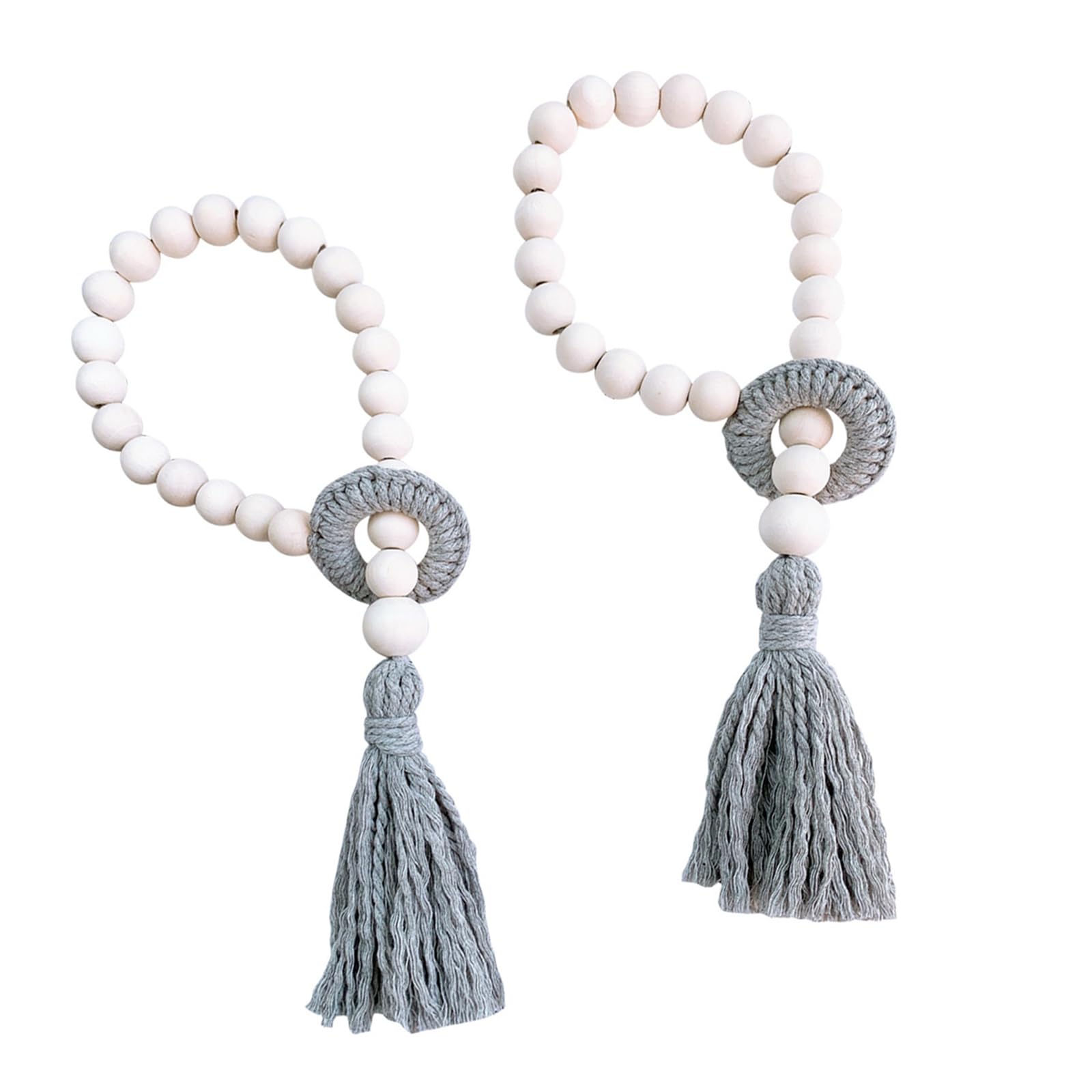 Buxuaaaa Light Grey 2Pcs Handwoven Curtain Tiebacks Wood Beads Window Drape Ties Cotton Rope Tassels Curtain Holdback For Home Decors Tassels Holdbacks