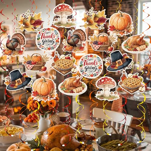 Image of Thanksgiving Hanging Swirl Set Party Decorations, 48 Pcs, Autumn Theme Pumpkin Maple Leaf Turkey Party Supplies Sign,Orange Brown Red