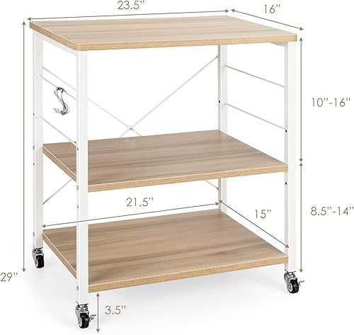 Miniatura 3 de Giantex Kitchen Baker's Rack - Carrito de 3 niveles para microondas con ruedas, carrito de barra industrial con 10 ganchos, marco de metal, estantes
