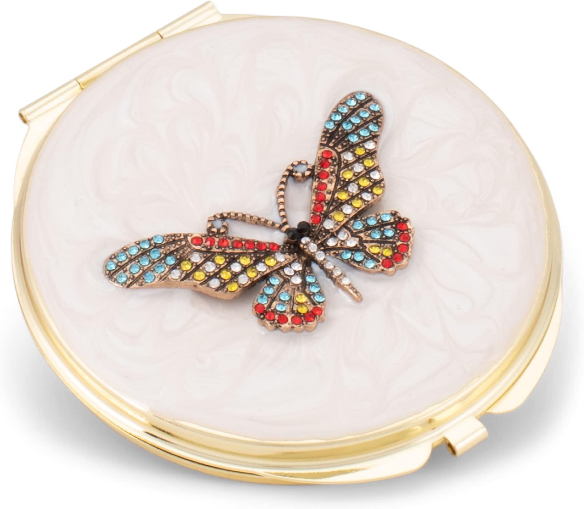 Cottage Garden Hand Painted Golden Metal Enamel Ornamental Vintage Hinged Lid Personal 3 Inch Makeup Beauty Double Sided Compact Travel Mirror with Bejeweled Crystals, Butterfly