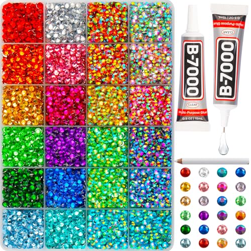 10000Pcs Multicolored 5mm Rhinestones for Crafts with b7000 Gem Glue for Clothes Clothing, Flatback Rainbow Colored Rinestones Crystals Diamonds for Fabric Shoes, Flat Back Multi Colorful Gemstones