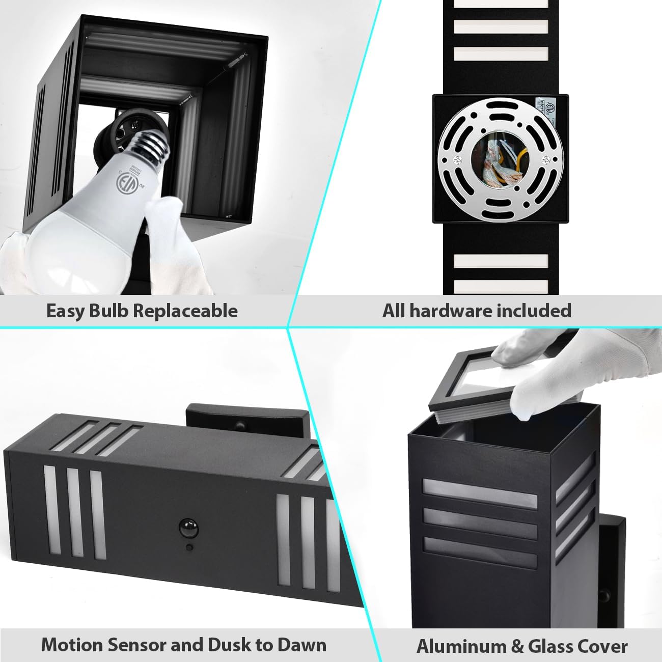 Motion Sensor Outdoor Wall Lights, Dusk to Dawn Exterior Light Fixture with 3 Modes, Waterproof Modern Dimmable Porch Light with Up Down Lighting for Patio, Garage, Front Door, Matte Black, 2Pack