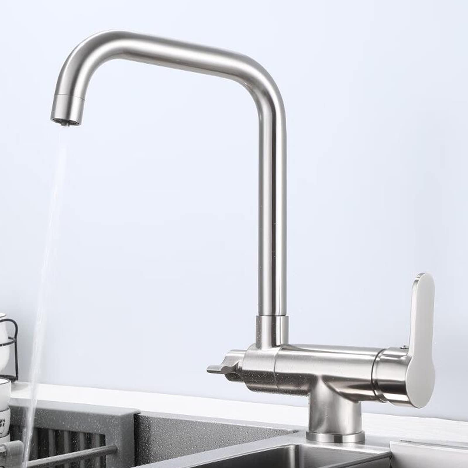 3-in-1-Küchenarmatur Aus Messing – Mit Klappfunktion Für Filterwasser, Kalt & Warm, 90° Schwenkbar, Ideal Für Waschbecken Neben Fenstern