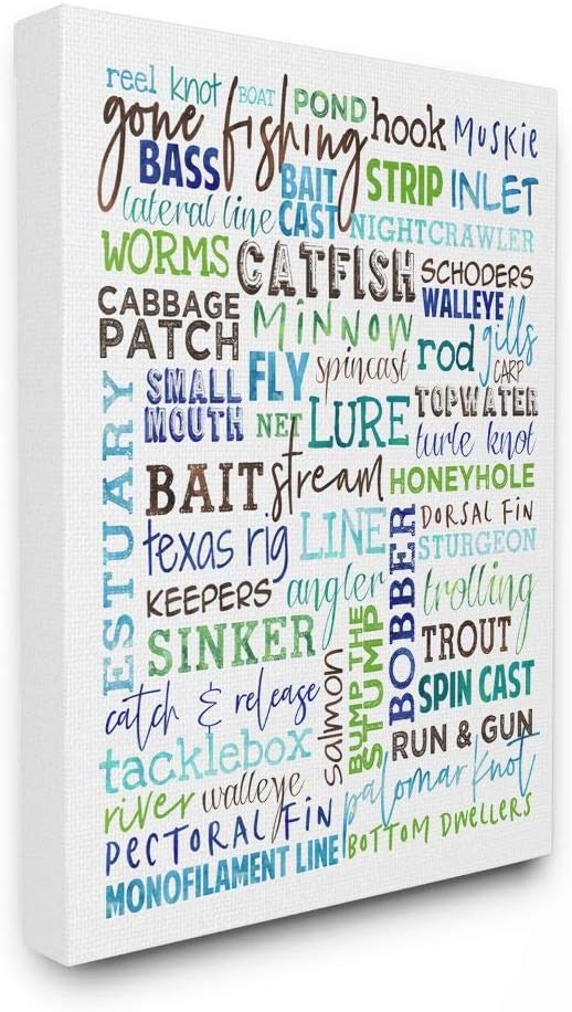 Stupell Industries Fishing Terms and Phrases Sports Blue Green Word Design, Designed by Erica Billups Wall Art, 24 x 1.5 x 30, Canvas