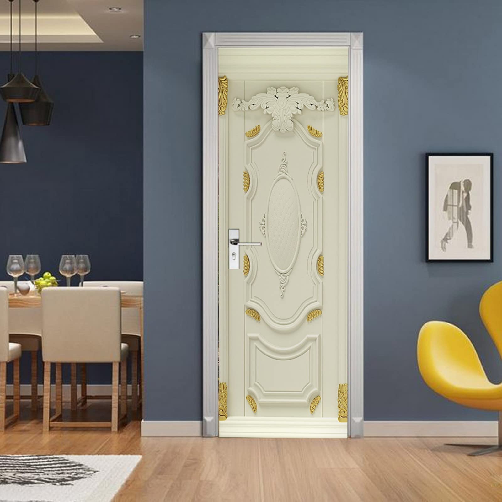 A.Monamour Adesivo Porta Autoadesiva Classica Porta In Legno Bianco Con Rilievi Dorati Vinile PVC Adesivi per Porte Interne 3D Pellicola Adesiva Poster Sticker Murale Parete Carta da Parati