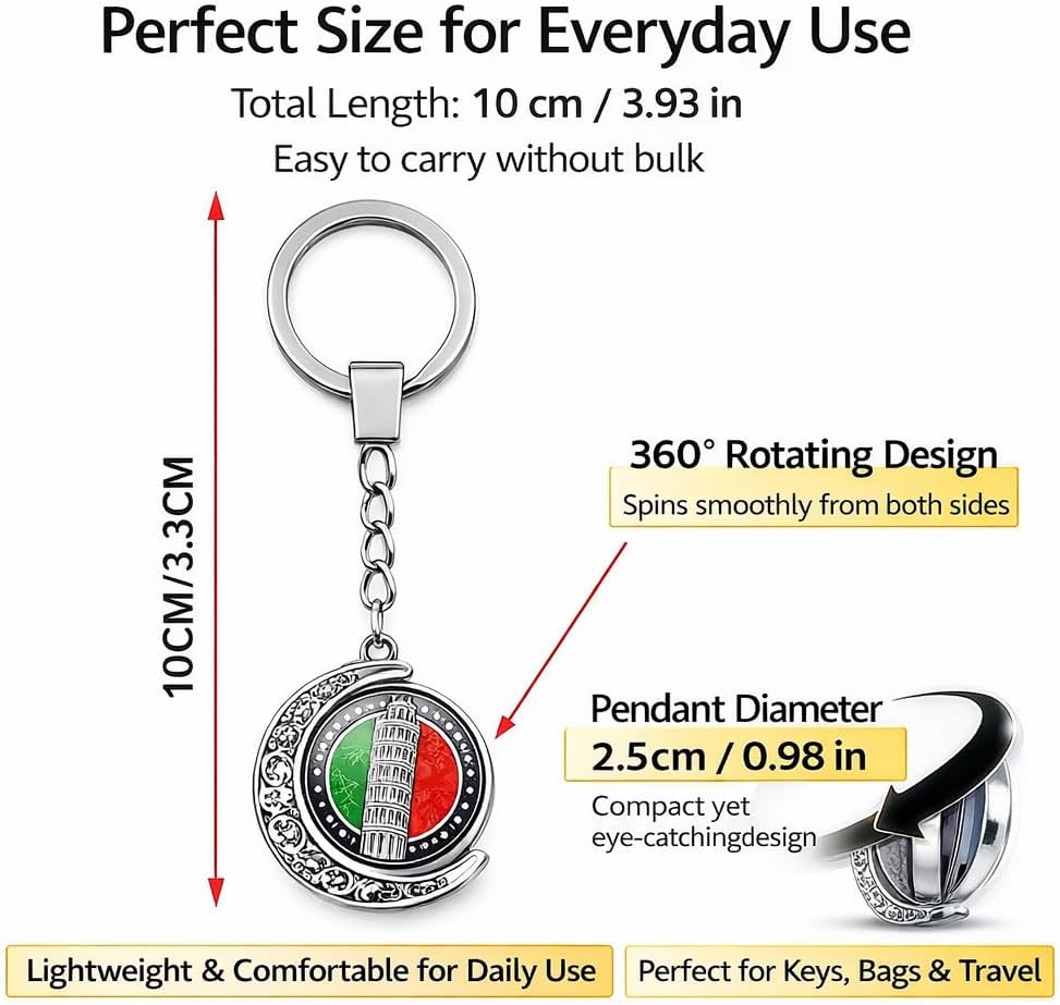 2-Pack Italy Souvenir Keychain, Leaning Tower of Pisa Crystal Glass Pendant, Crescent Hollow Zinc Alloy Key Ring, Italian Travel Gift for Men and Women