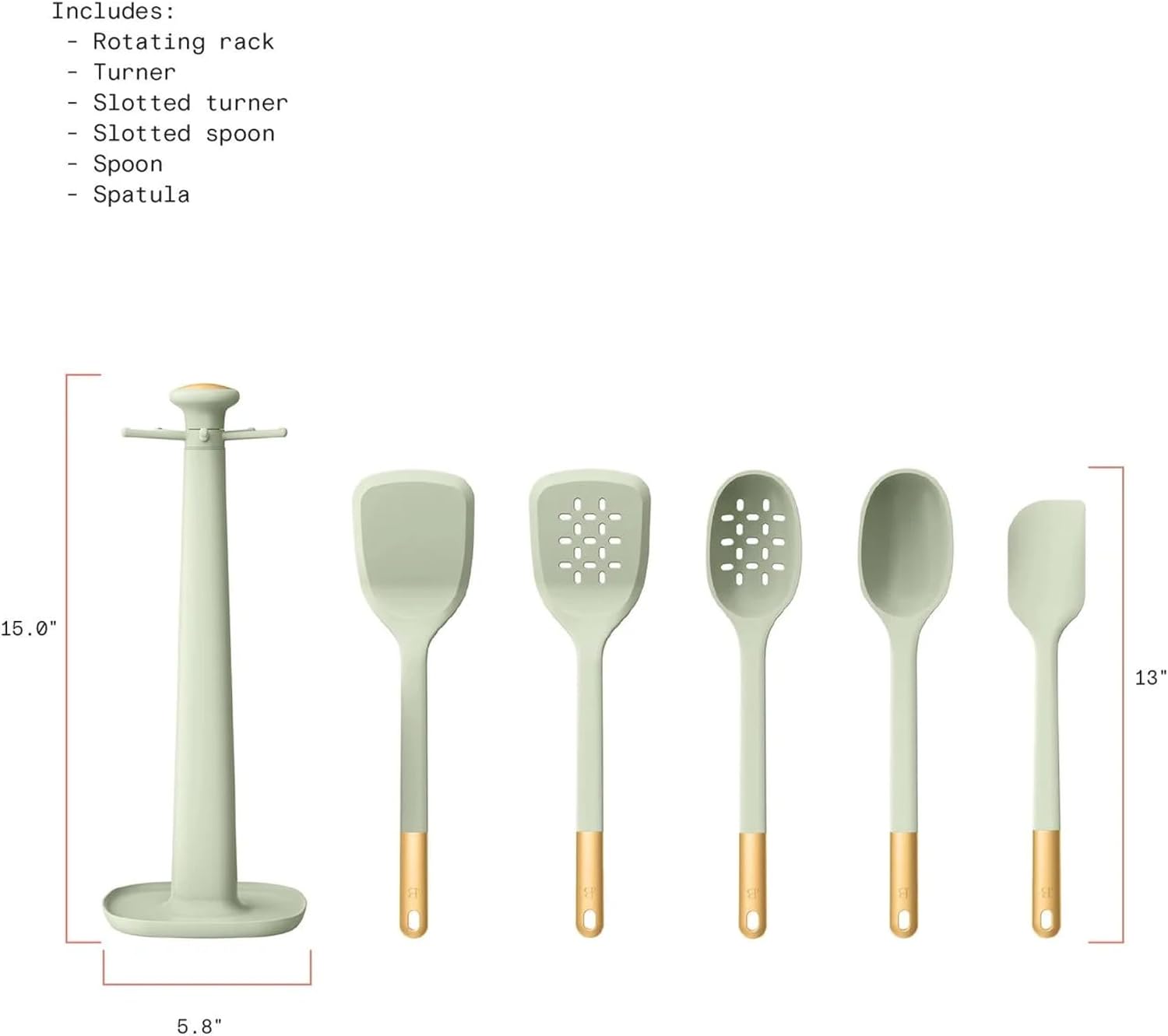 6 Piece Silicone Kitchen Utensil Set with Rotating Holder, Heat Resistant Cooking Tools, Nonstick Safe Spatula Spoon Turner Set with Storage Rack (Sage Green)