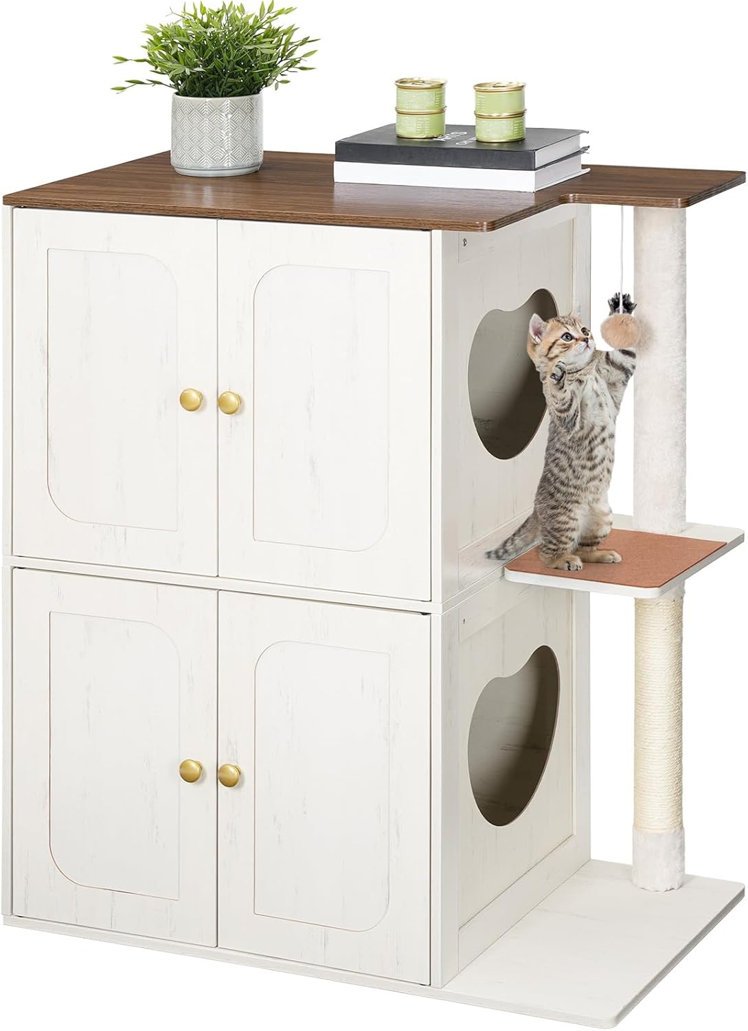 HOOBRO 2-Tier Cat Litter Box Enclosure, Dog Proof Double Litter Box Cabinet with Teaser Ball, 2 in 1 Hide Litter Box with Sisal Post, Cat House with 2 Love Entrances, Cloud White and Walnut WH26MW01