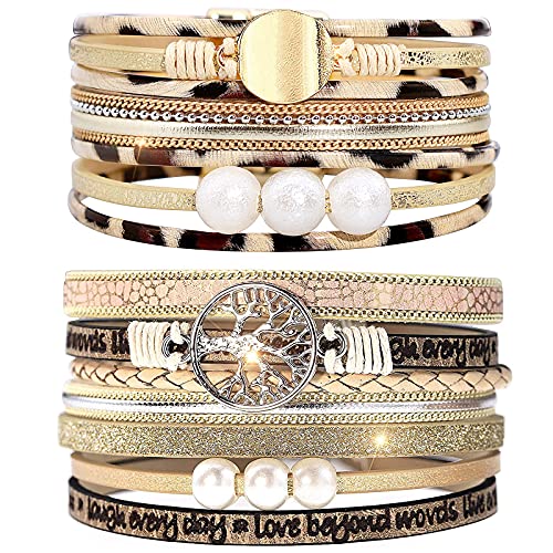 BAOKELAN Arbre De Vie Bracelet en Cuir Boho Multicouche Magnétique Bracelets Bijoux 2 Ensemble Cadeau pour Femmes Fille Léopard 2 Cover