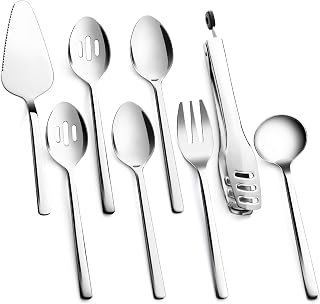 KINGSTONE 8-Piece 18/10 Stainless Steel Serving Utensils Set - Heavy Duty Slotted Spoons, Forks, Tongs, Cake Server for Buffets, Parties, Weddings