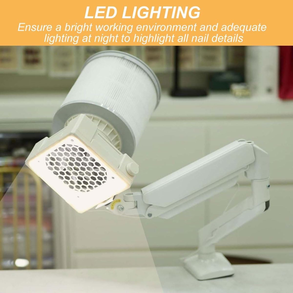 Aspirapolvere per unghie con staffa regolabile, lampada LED integrata e filtro intercambiabile, ideale per saloni di bellezza professionali e lucidatura unghie