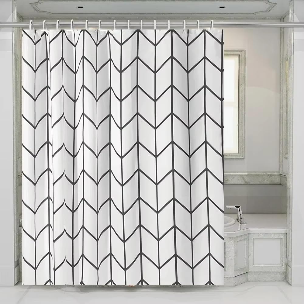 Cortina de Ducha 200x200 Rayas Blancas y Negras,Diseño de Espiga,Impermeable,de Fácil Secado,Lavable a Máquina con Ganchos para Baños,Duchas y decoración de Baño,200Anx200Al cm (1 Panel).