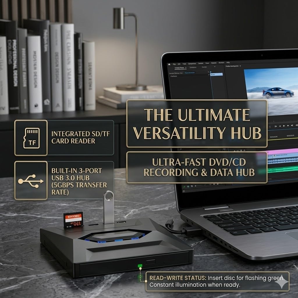 External Blu-ray Drive for Laptop Without Disc Drive, USB 3.0 Type-C Blu-ray Burner for Playing & Burning CDs/DVDs, 7-in-1 Optical Drive with SD/TF Reader & USB Hub for Windows Mac Linux