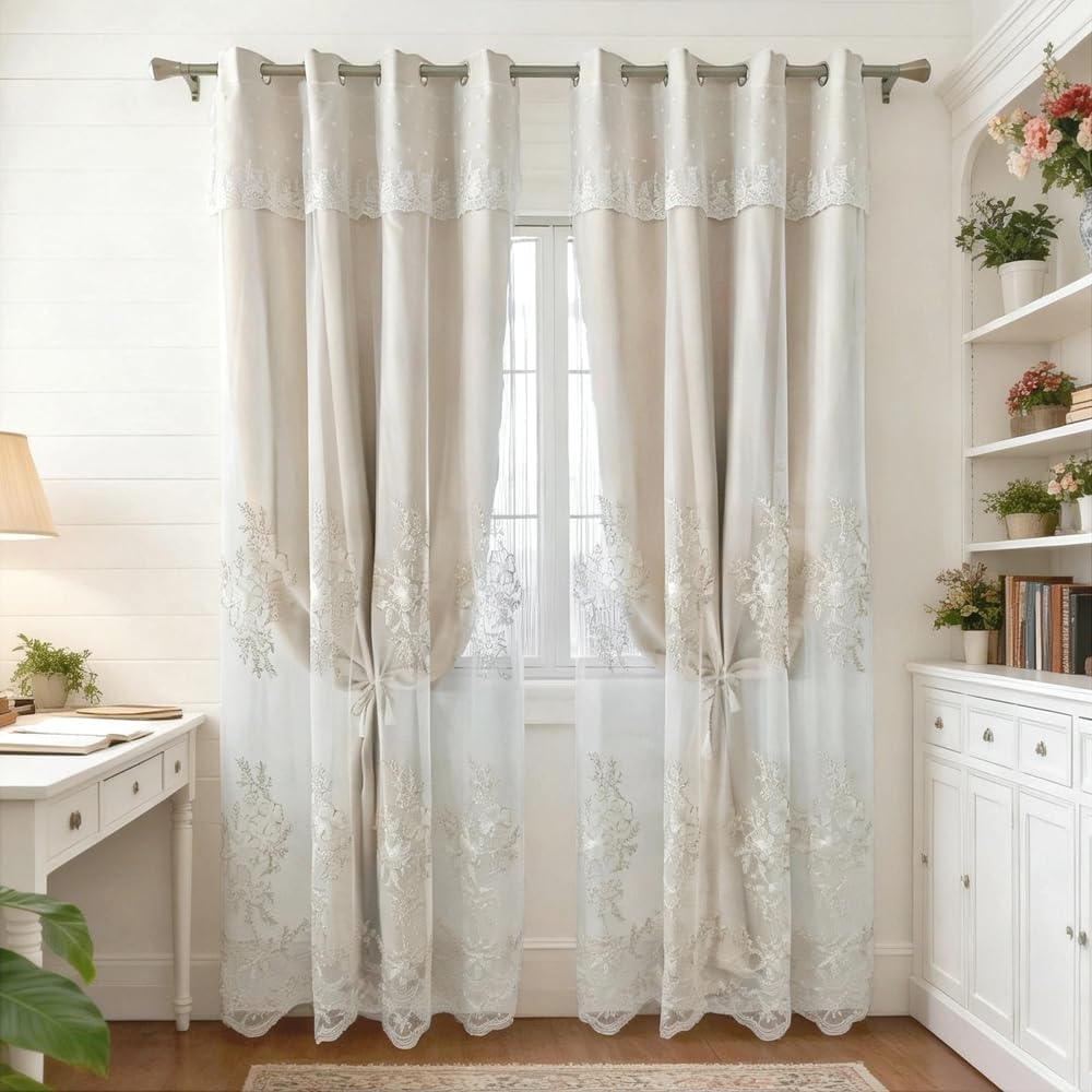 Amidoudou 1 Pair European Double Layer Curtains Luxury Flower Embroidered Curtains for Living Room Bedroom (Beige,52x84 Inch)