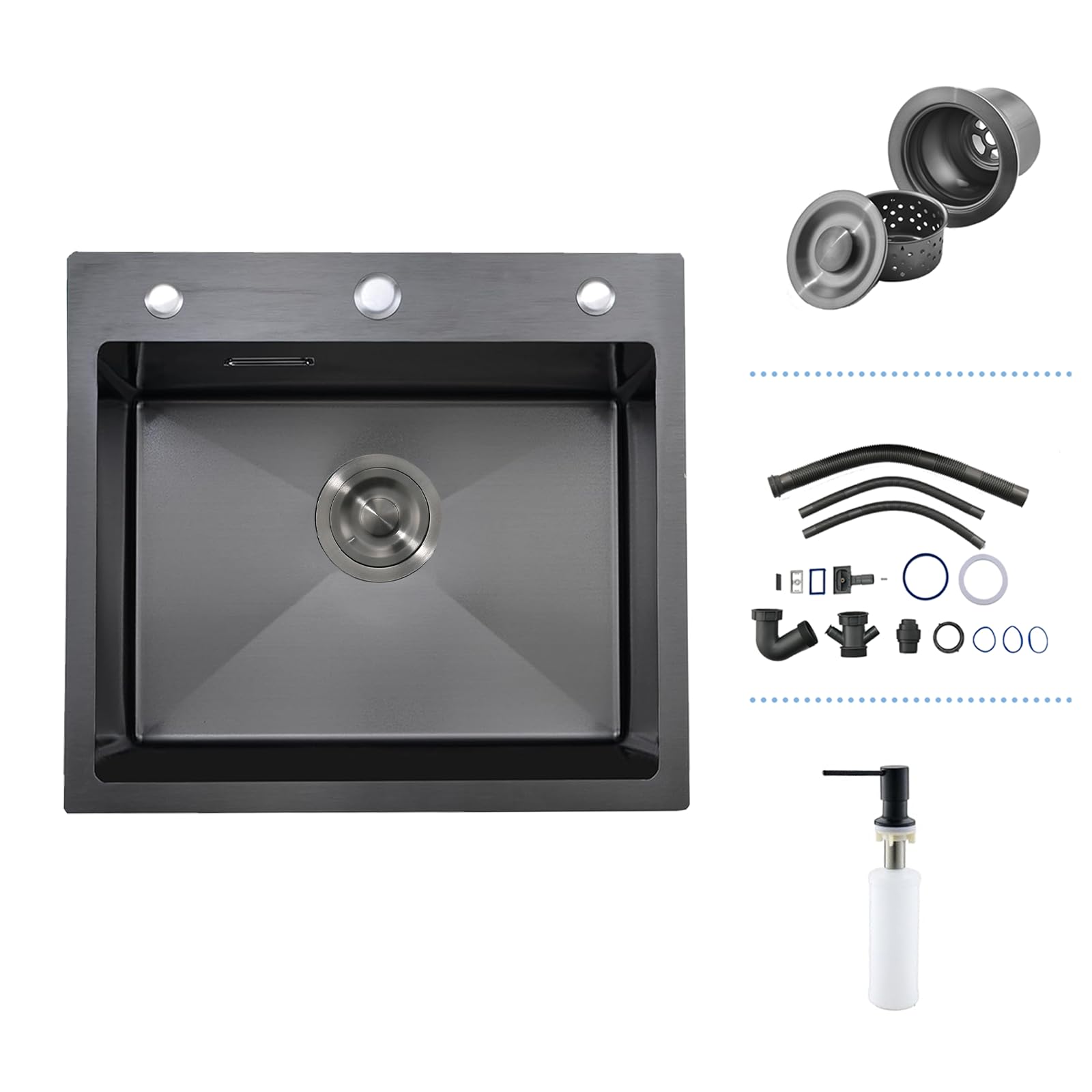 iAnomla Black Single Bowl Kitchen Sink, Stainless Steel Kitchen Basin, 55 x 50 cm Drop in Topmount Black Small Sink with 3 Tap Holes Soap Dispenser and Drain Kit for Farmhouse, Bar, Restaurant
