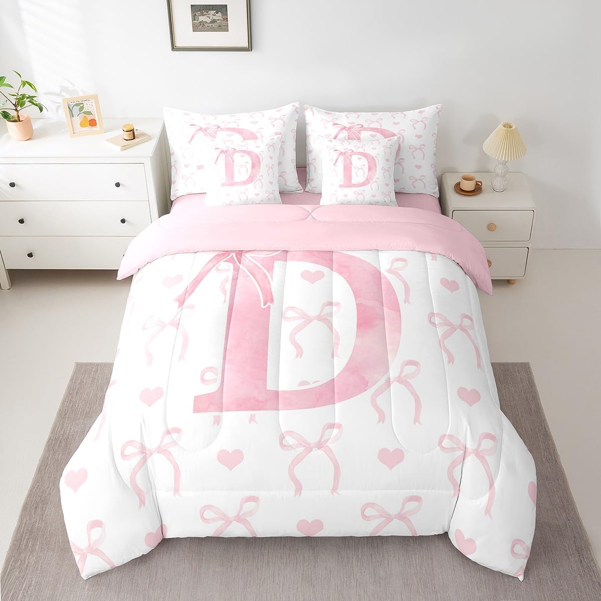 Erosebridal Princess Girls Pink Bow 7 Pieces Bedding Set, Cartoon Bows Comforter Set with Sheets Twin Size, Coquette Initial Letter D Bow Tie Bed in A Bag, Cute Love Heart Bedding Comforter Sets