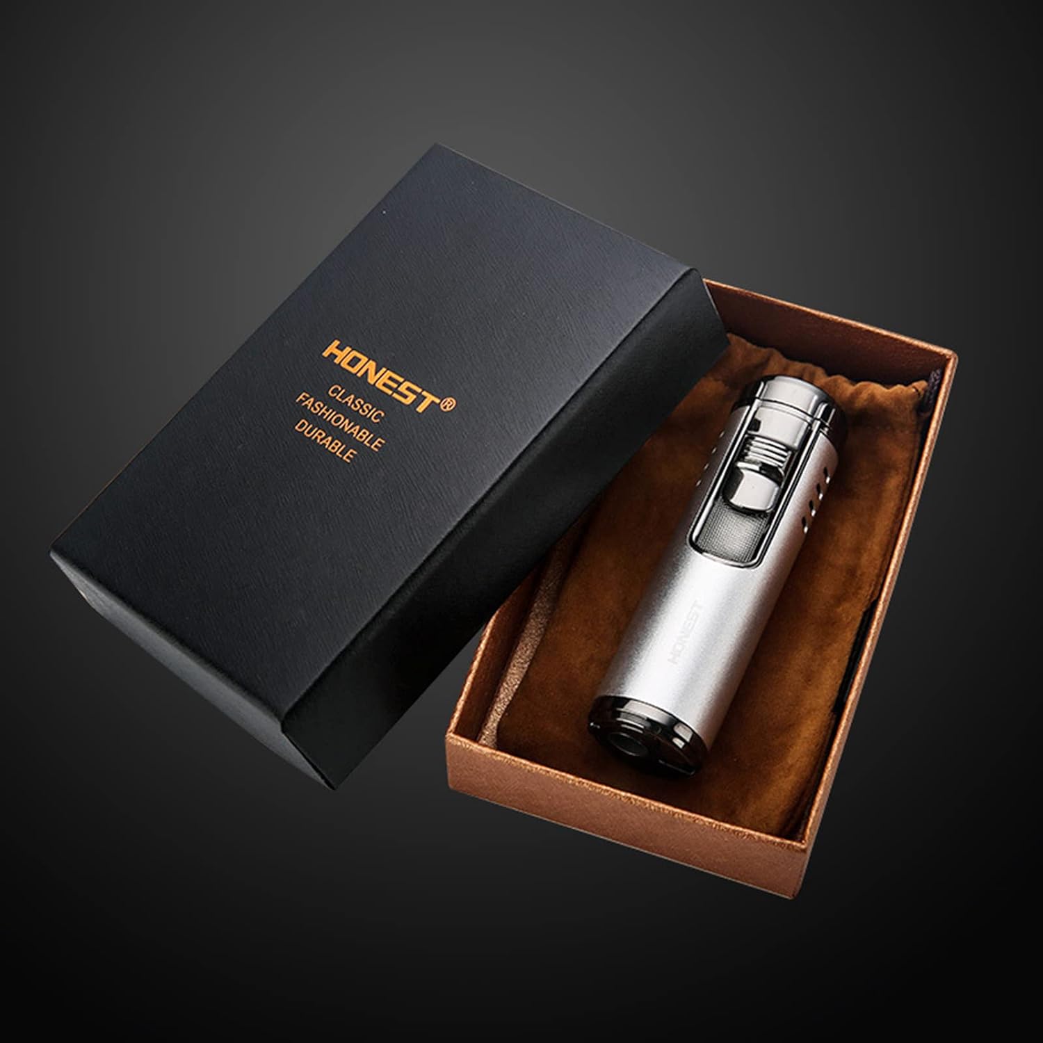 Cigar Lighter with 4 Powerful Jet Red Flame, Windproof Gas Lighters with Visible Container, Adjustable Refillable Candle BBQ Lighter Gift for Father Dad Husband(Without Butane)