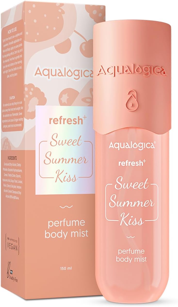Aqualogica Refresh+ Sweet Summer Kiss Perfume Body Mist | Strawberry, Hyaluronic Acid & Zemea | Long Lasting Sweet Fruity Fragrance, Lightweight, Non-Sticky & Hydrating, Unisex Hair & Body Mist, 150ml