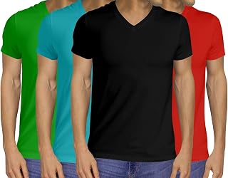 Pooplu Men's Regular Fit Premium Combo V Neck Half Sleeves Pack of 4 Cotton Plain Green, Turquoise, Black, Red t-Shirts. C... Price In India