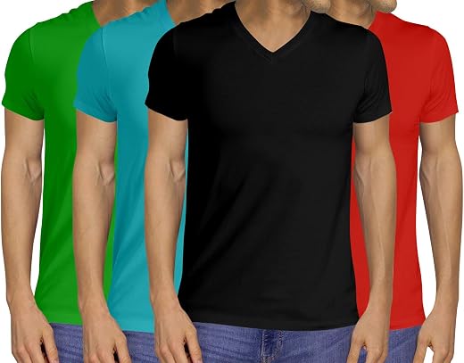 Pooplu Men's Regular Fit Premium Combo V Neck Half Sleeves Pack of 4 Cotton Plain Green, Turquoise, Black, Red t-Shirts. C...