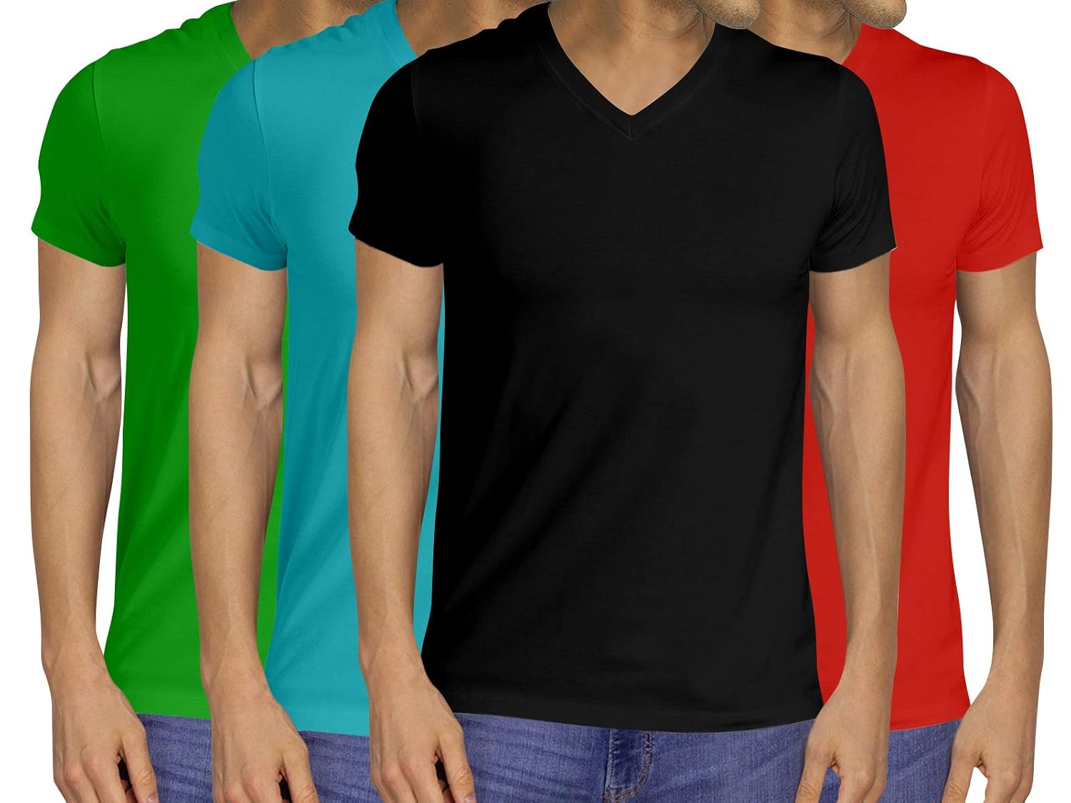 Pooplu Men's Regular Fit Premium Combo V Neck Half Sleeves Pack of 4 Cotton Plain Green, Turquoise, Black, Red t-Shirts. C... - Review, Price and Buying Guide