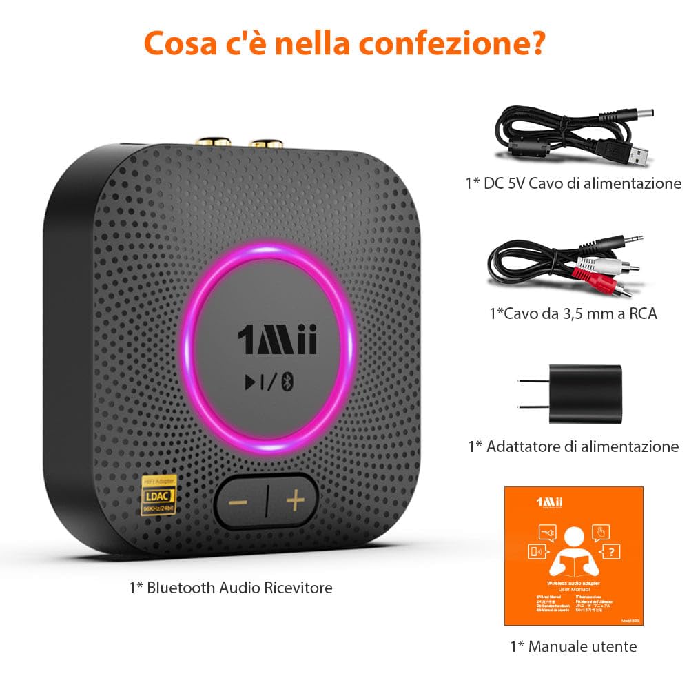 1Mii B06S+ Ricevitore Bluetooth 5.3 HiFi LDAC Adattatore Audio con Jack AUX 3.5mm RCA aptX Bassa Latenza 100ft Controllo Volume