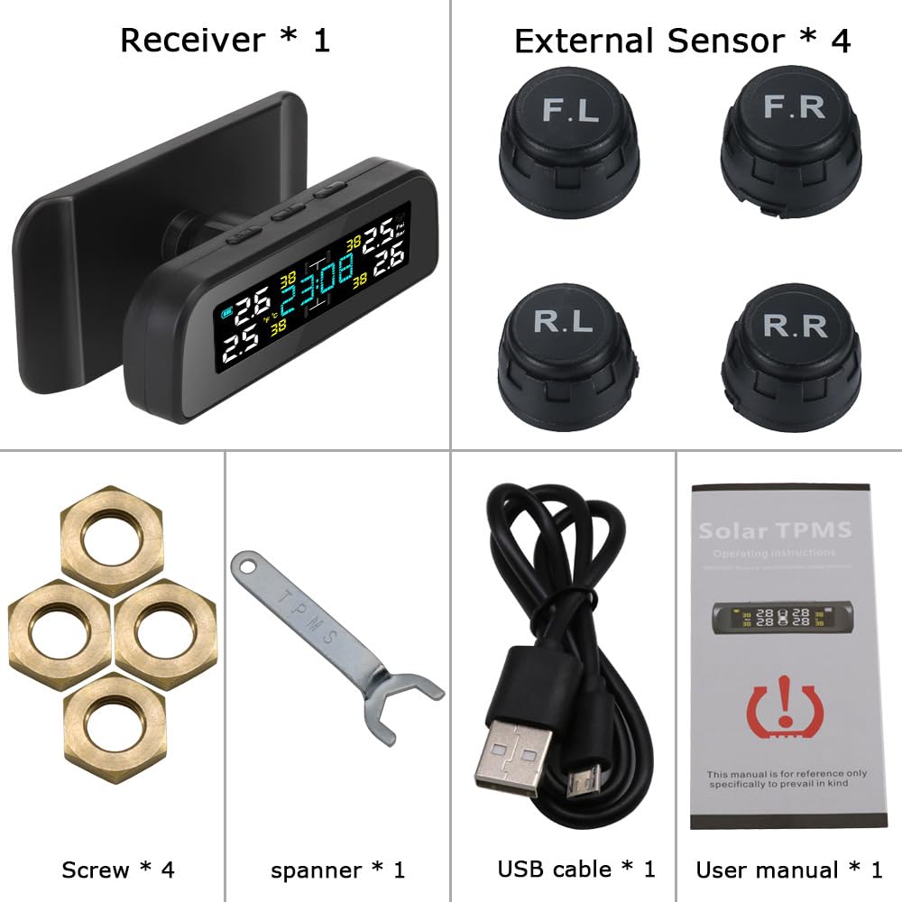 Tpms Sistema di monitoraggio della pressione degli pneumatici for auto a energia solare Sistemi di allarme di sicurezza for auto Avviso di temperatura della pressione degli pneumatici Pressione Pneuma
