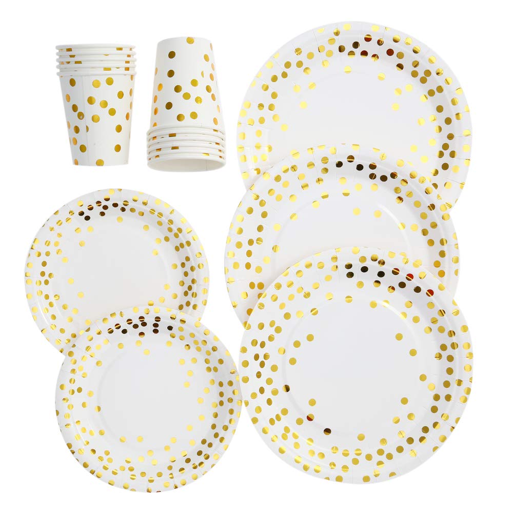 Kavolet Zestaw talerzy urodzinowych, 60 sztuk papierowych kubków o pojemności 23 ml + 60 talerzy 18 cm + 60 talerzy o średnicy 25 cm, naczynia ze złotymi kropkami, kubki na napoje, talerze obiadowe, talerze deserowe