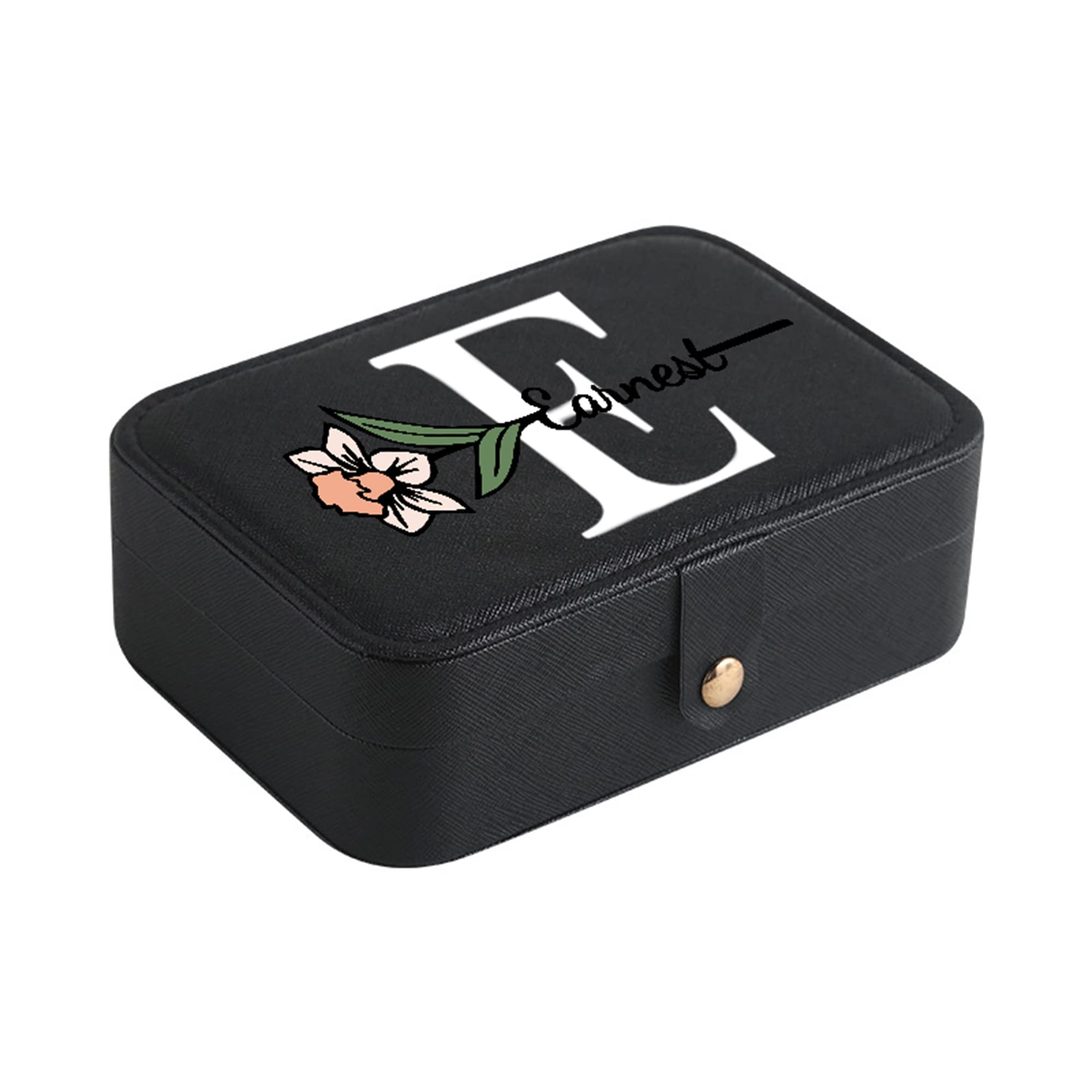 Personalized Small Travel Jewelry Organizer Box for Girls Women Portable Jewelry Boxes Case Customize Name Birth Flower, Gift, B-Black, 4.7*3.7*2.3in(L*W*H)
