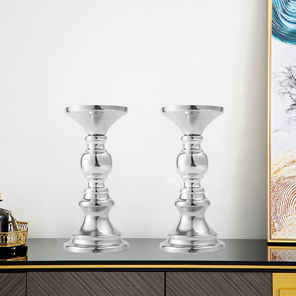 MagiDeal Vintage Kerzenständer 2er Set, Säulenkerzenhalter Tischdekoration Kerzenhalter Stumpenkerzen Adventskerzenhalter für Hochzeit Weihnachten Geburtstag Wohnzimmer - Silber