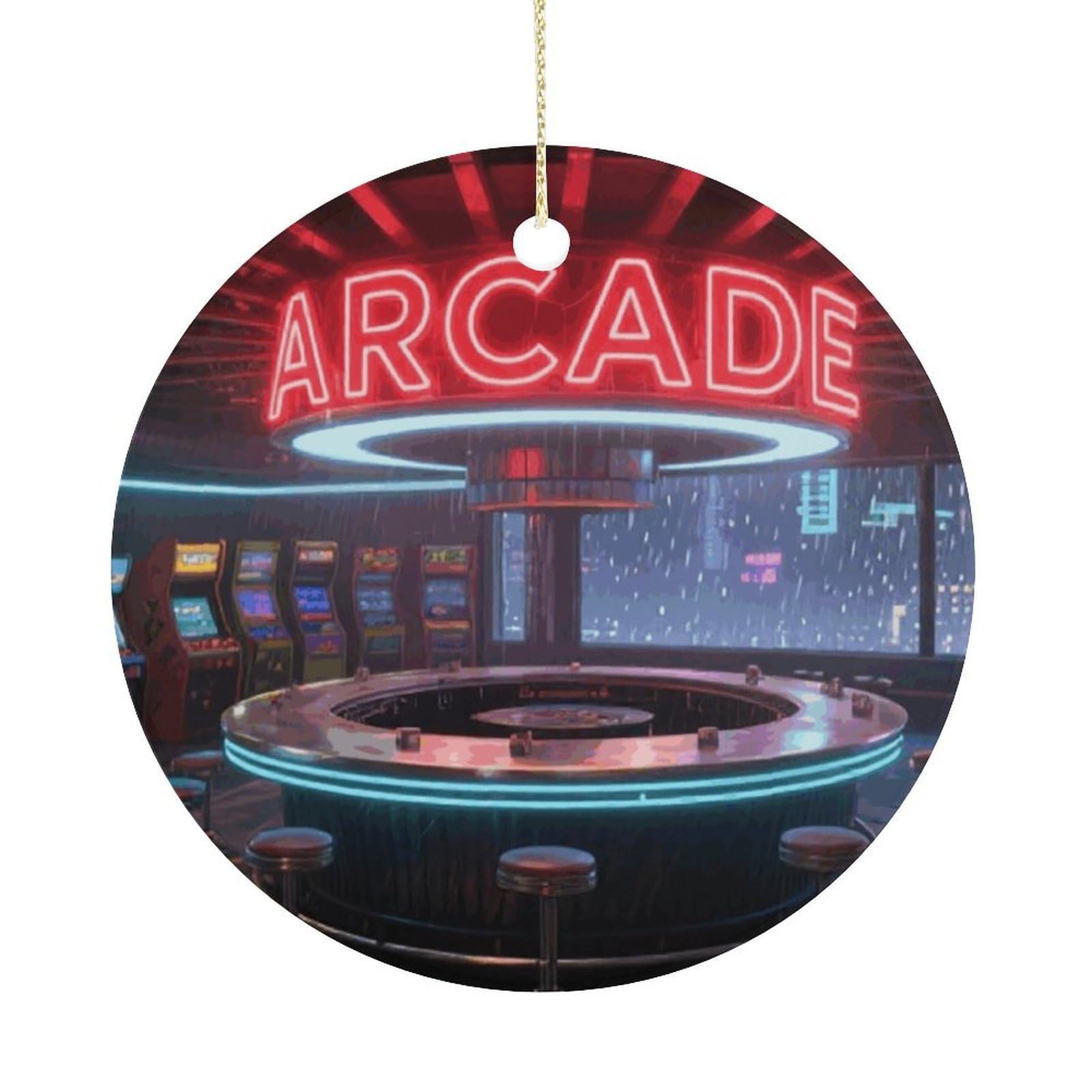 Personalized Christmas Ornaments 2025 Ceramic Hanging Neon Arcade Ornaments with Gold String Double-Sided Vintage Holiday Decorations for Tree Mantel Tabletop Xmas Party Favors