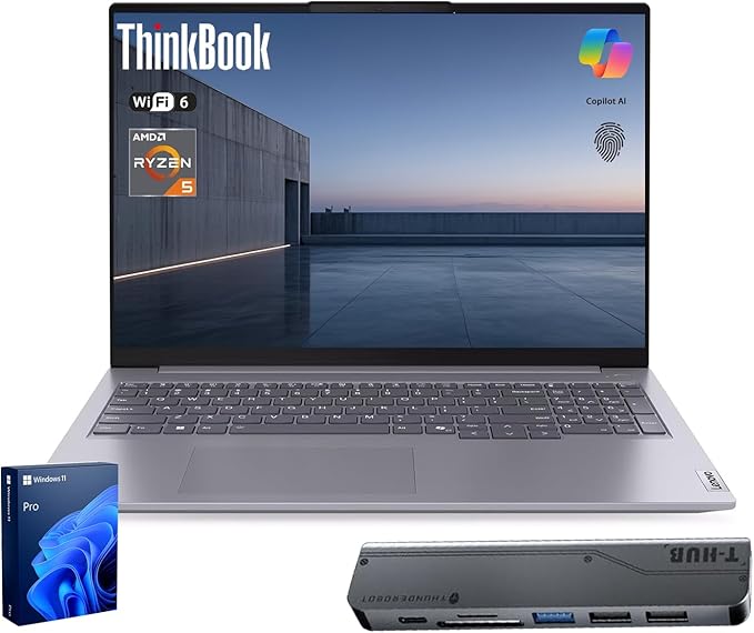 Lenovo ThinkBook 16 Gen 7 Business Laptop, 16” FHD+, AMD Ryzen 5 7533HS, 16GB DDR5, 512GB SSD, Wi-Fi 6, HDMI, Fingerprint, SD Card Reader, HD Webcam with Privacy Shutter, Windows 11 Pro, w/Bundle