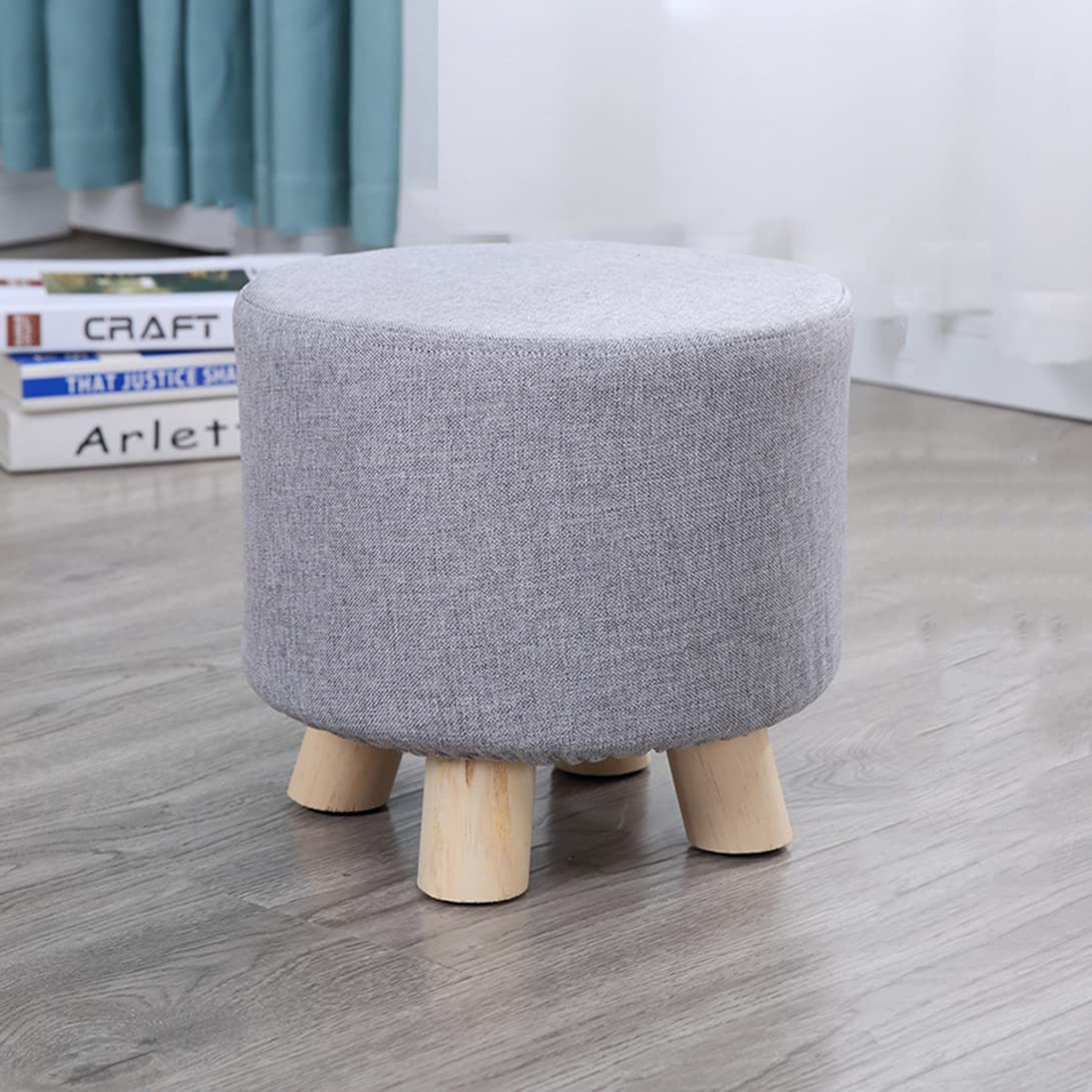 Tabouret rond en bois et lin gris | Repose-pieds salon compact 28x25 cm