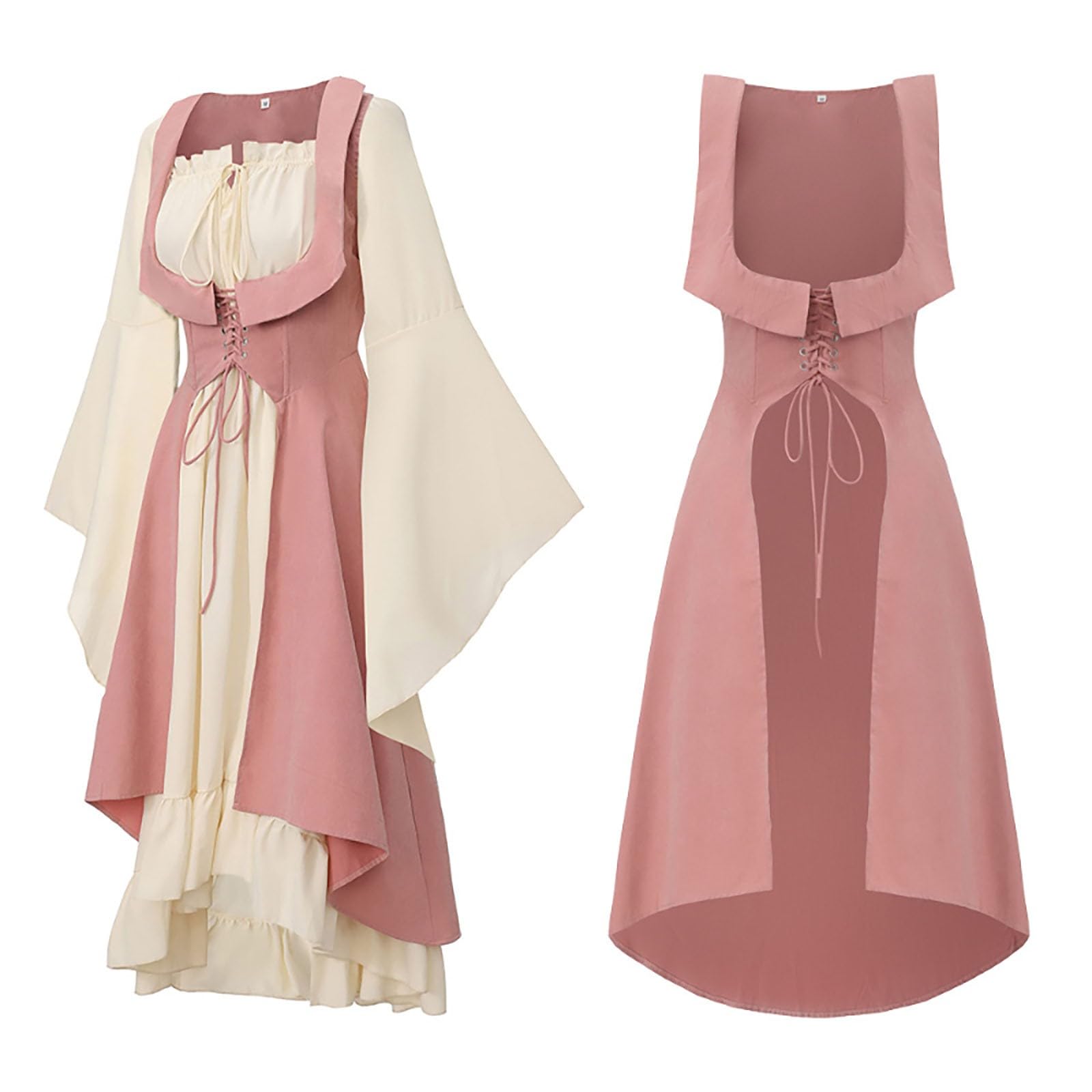 Genérico Vestido Medieval Mujer - Chal De Mujer Estilo Medieval Corte con Cordón Ajustable Manga Larga Vestido De Dos Piezas con Estampado De Hojas
