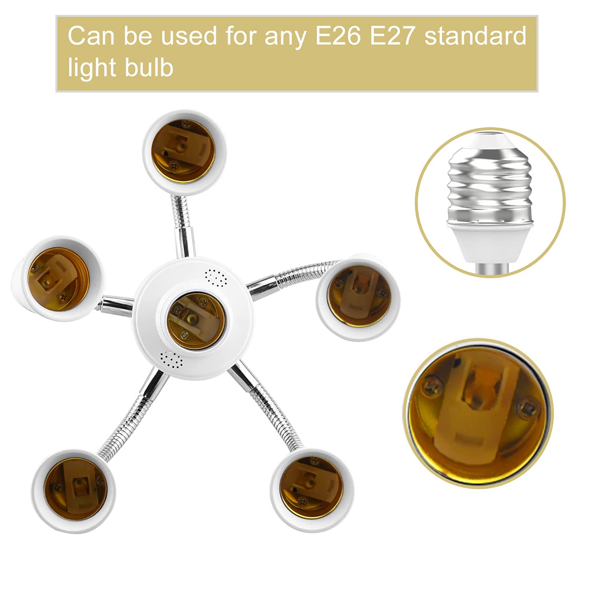 6 in 1 E26 E27 Light Socket Splitter Adapter Bulb Lamp Holder Extension Hose 360 Degree Adjustable Rotatable Base Converter for Standard LED Bulbs