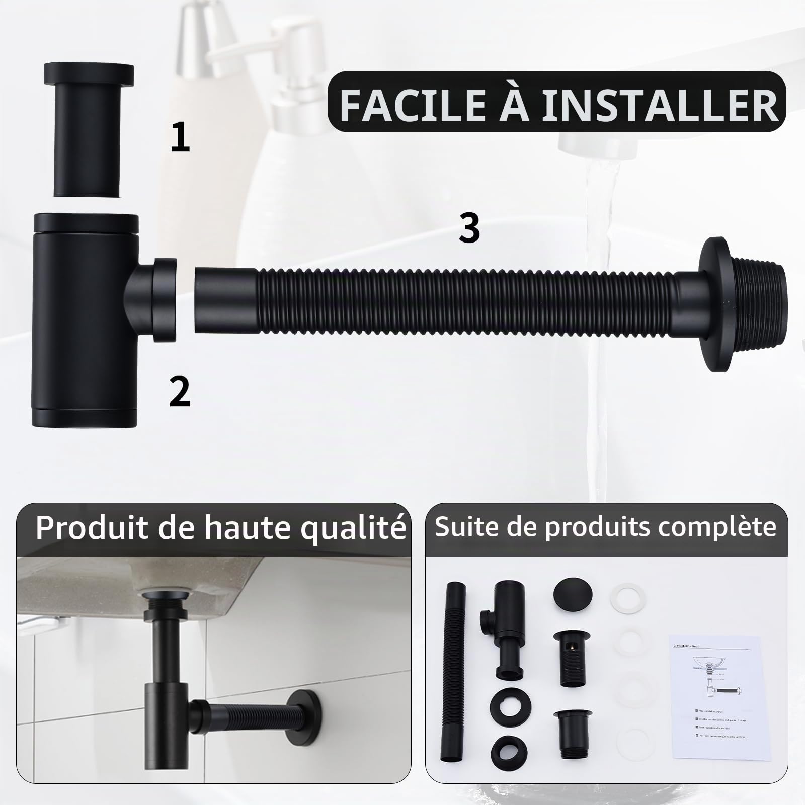 HOMELODY Siphon lavabo avec bonde à valve pop-up pour un style noir mat élégant dans votre salle de bain, siphon universel en laiton avec bouchon de lavabo et ouverture de nettoyage