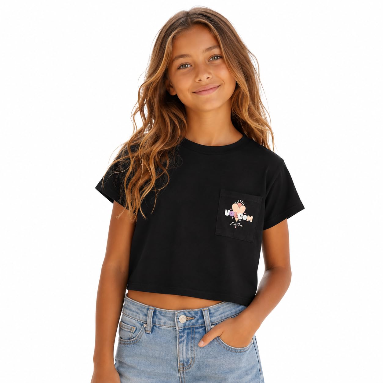 Volcom Camiseta corta de manga corta para niñas, cuello redondo, para verano, talla S
