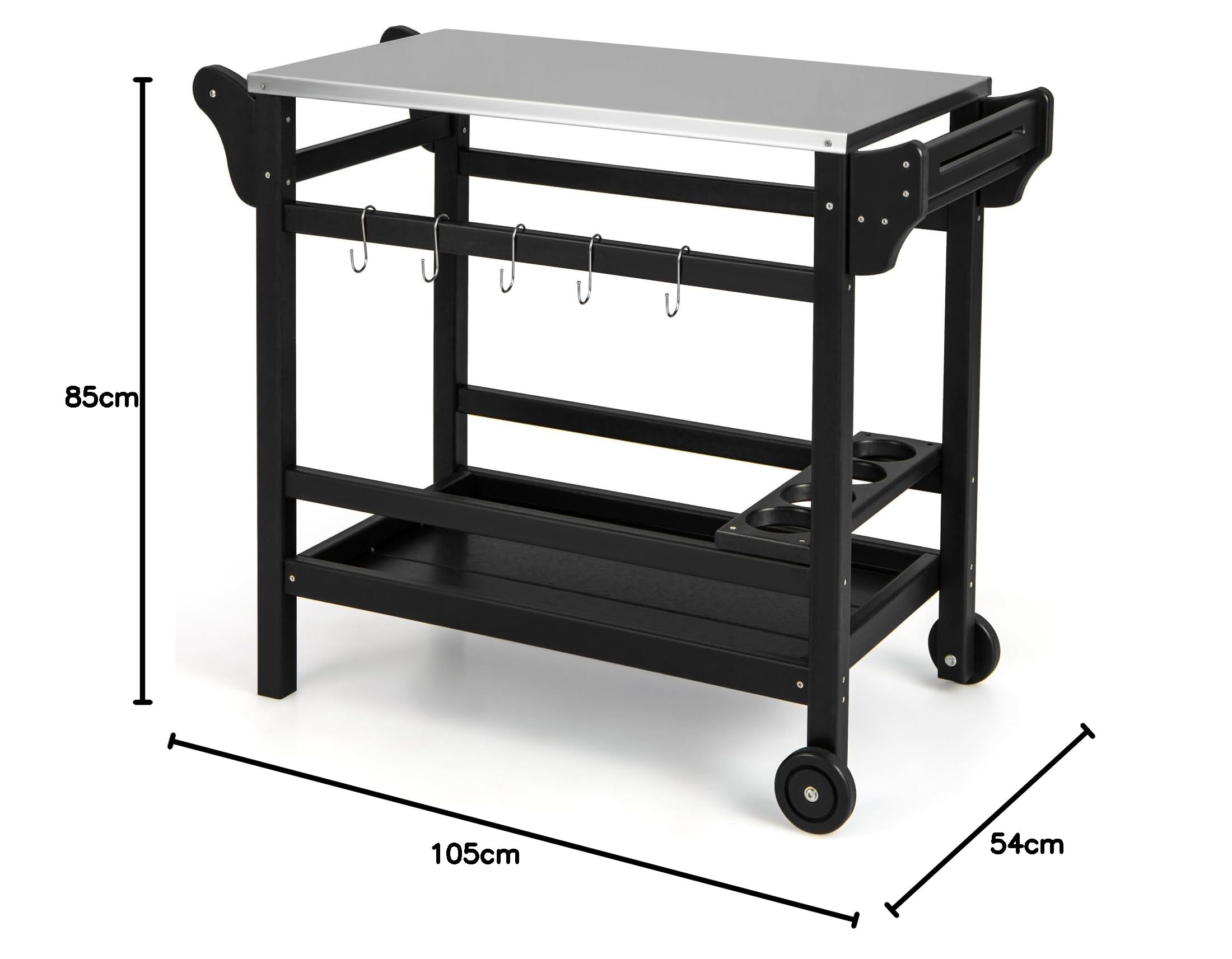GYMAX Carro de Parrilla Móvil para Exteriores, Mesa de Trabajo de HDPE con Tablero de Acero Inoxidable, Estante, Estante para Vinos, Ganchos, Mesa Portátil para Parrilla para Barbacoa con Asa y Ruedas