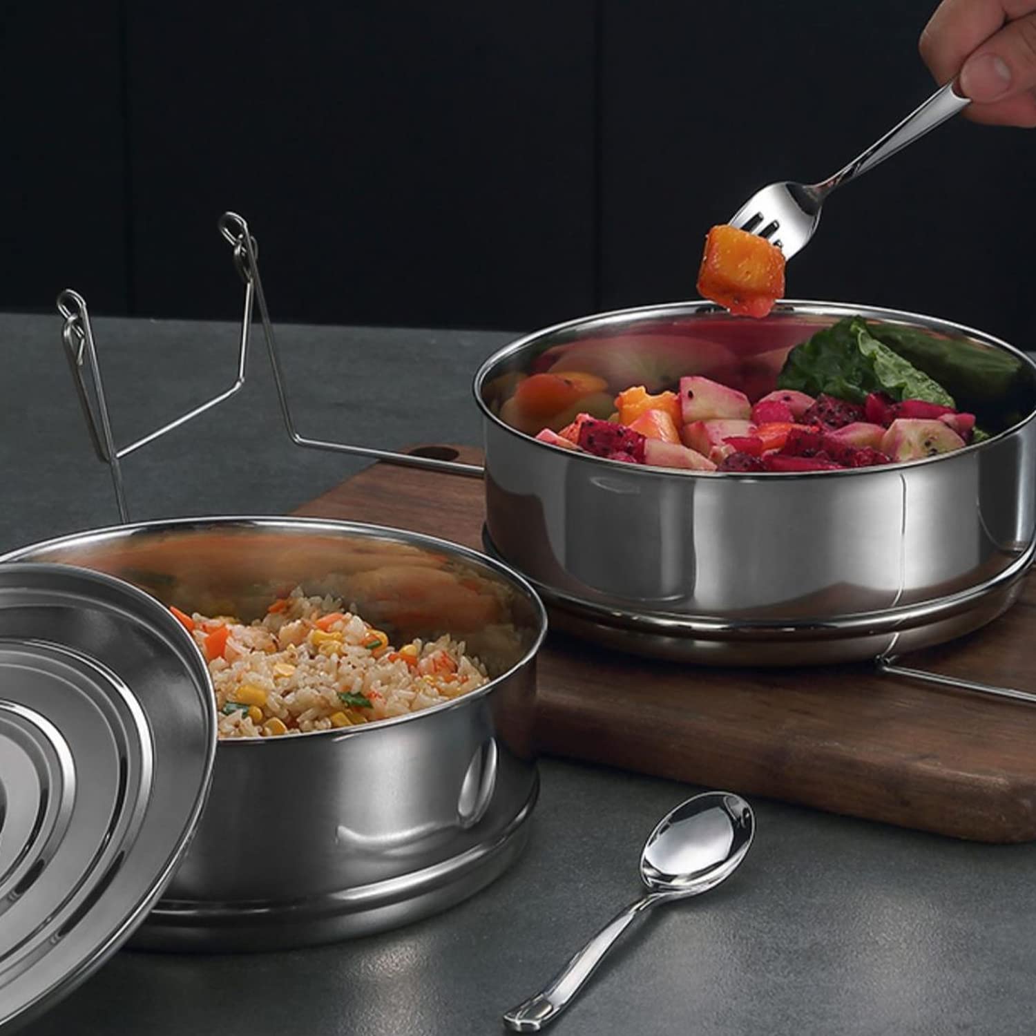Tissting Set di 2 Pentole a Vapore Impilabili in Acciaio Inox con Manico - Accessorio per Instant Pot per Cottura Sana di Verdure, Pesce e Gnocchi