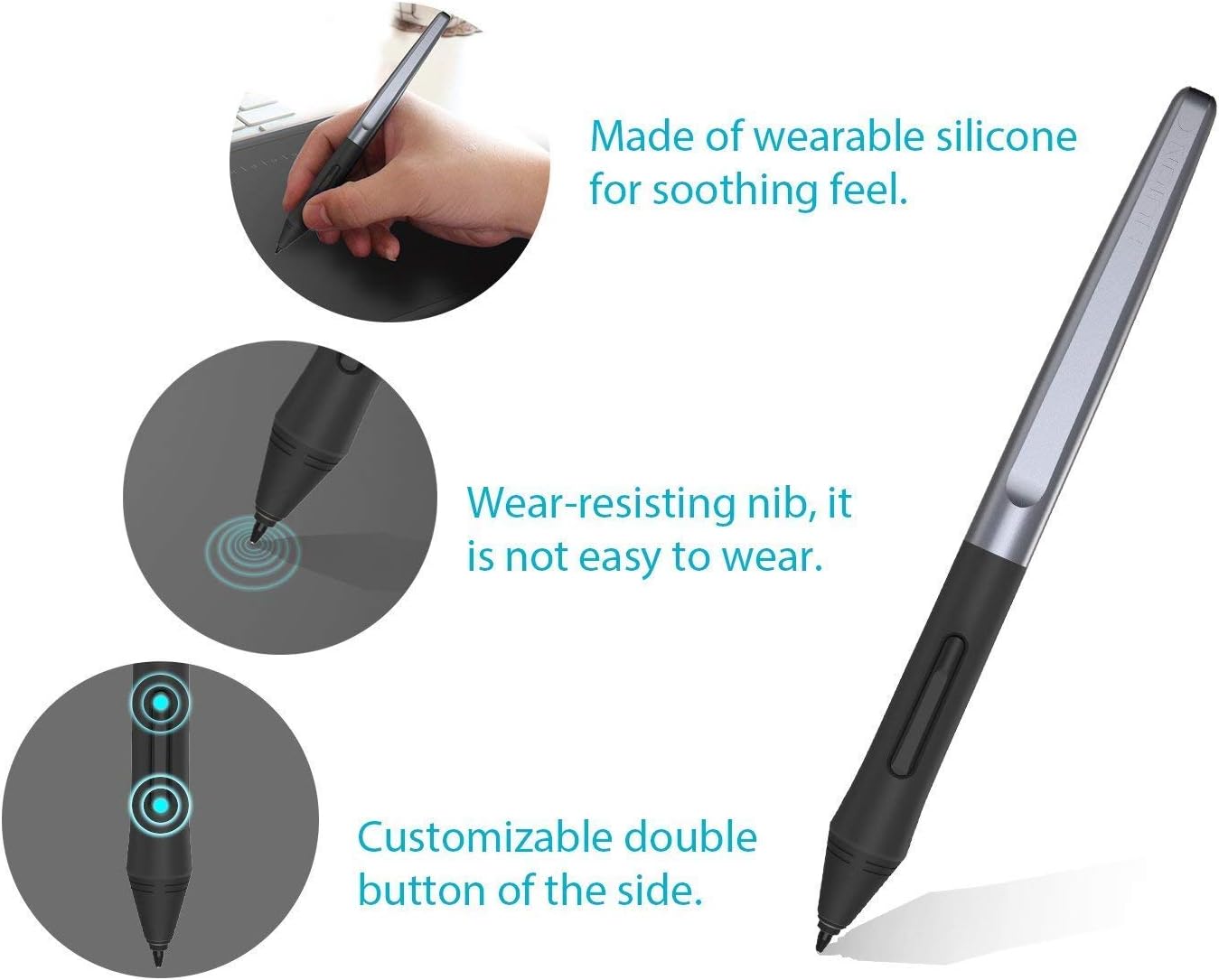 Close-up images of the HUION PW100 stylus showing its wearable silicone front end, wear-resisting nib, and customizable side buttons.