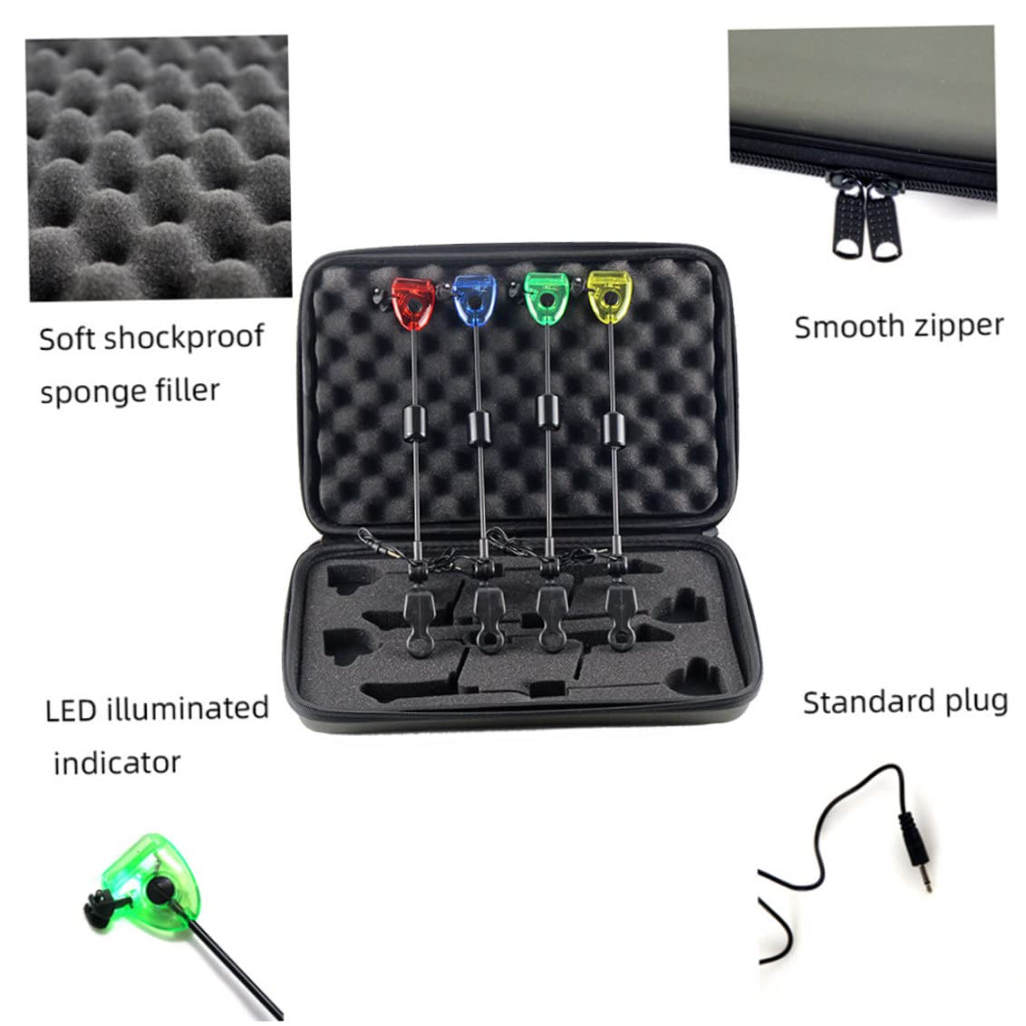 Jorzer Alarmas de mordedura Pesca de Carpas 4pcs 13 Pulgadas LED Alarma de mordedura con Caja de Transporte Amarillo Azul Azul Swingers Indicadores afuera