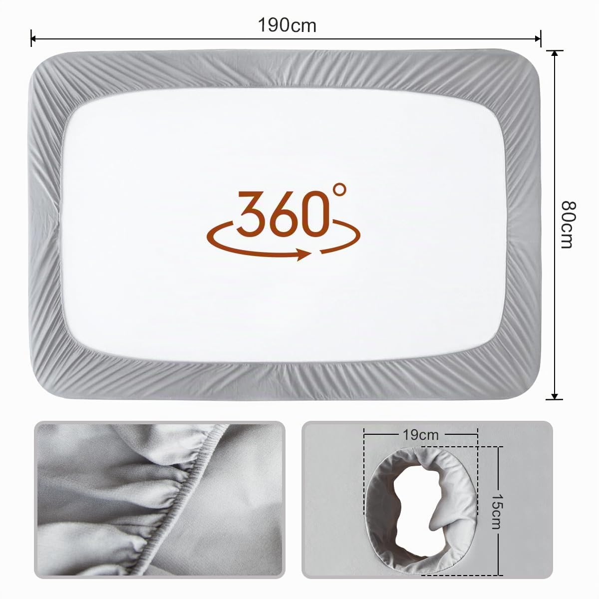 2pcs Funda Camilla Masaje, Funda de Cama de Masaje con Agujero Lavable, Funda para Mesas de Cosméticos y Bancos de Terapia, 190 x 70 x 12cm (Gris)